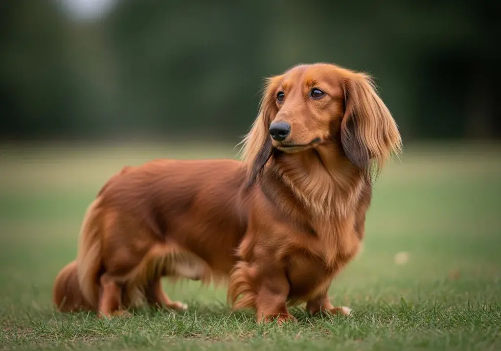 Teckel à poil long roux au poil soyeux, debout de profil dans un jardin